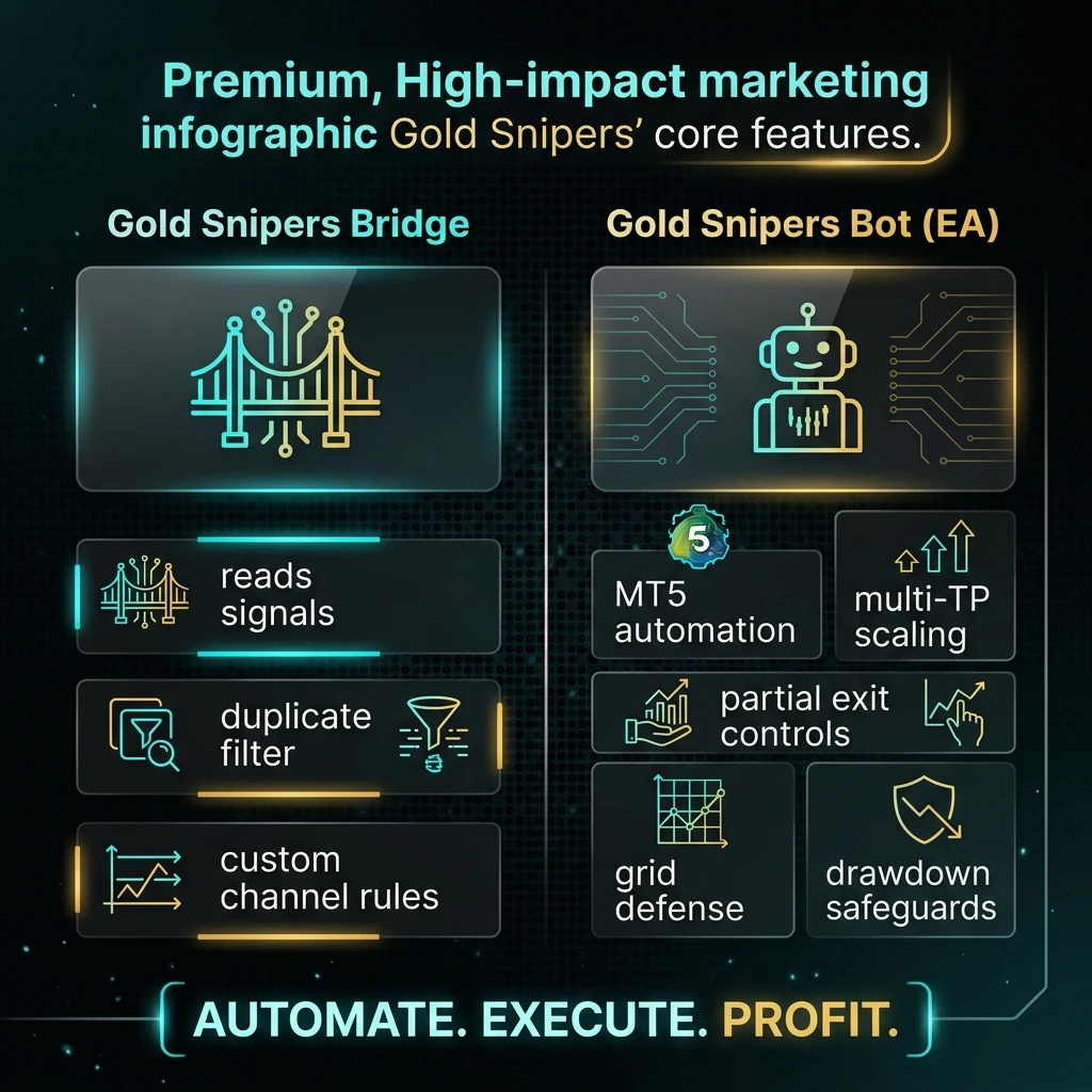 Gold Snipers core features: Bridge auto-reads Telegram signals and the EA handles automated MT5 trading, multi-level take profits, partial exits, grid defense, break-even, and equity protection